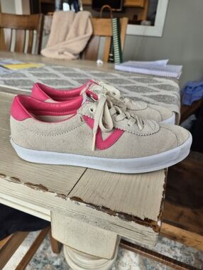 Vans Beige Suede Sneakers with Pink Accents Wmns Sz 7